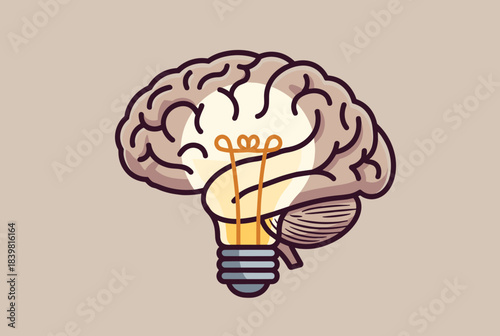 A creative illustration depicting a human brain with a glowing lightbulb, symbolizing intelligence, ideas, and thought processes.