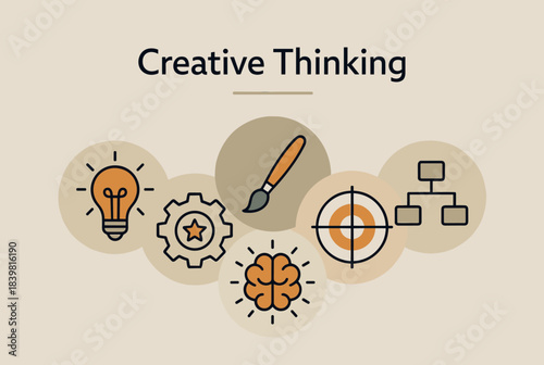 Creative Thinking concept with various icons representing ideas, innovation, art, goals, and problem-solving.