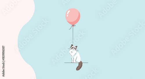 Whimsical illustration of an adorable fluffy cat with a curious gaze holding the string of a floating pink balloon against a soft pastel background.