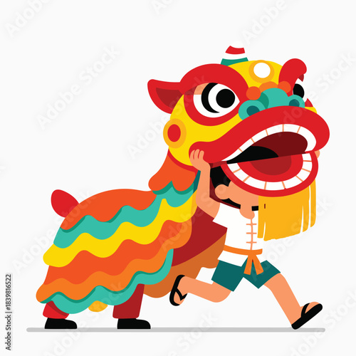Cute Kid Performing Lion Dance Illustration