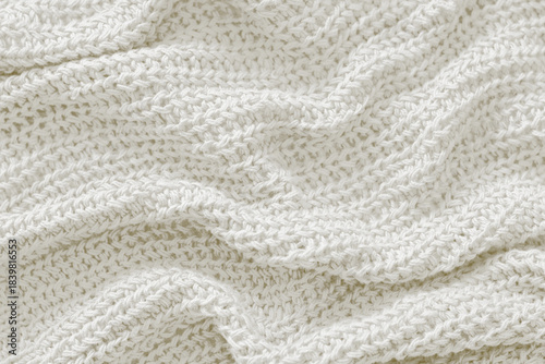 Cloud dancer toned colour monochrome texture knitted fabric. Knitted Jersey as textile background. Monochrome color background. Wool knitting texture. Trendy color 2026.