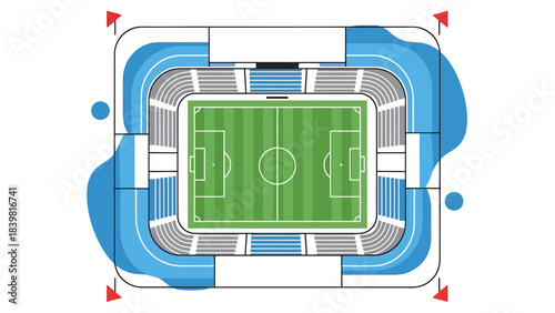 Overhead View of a Modern Sports Stadium with a Green Field