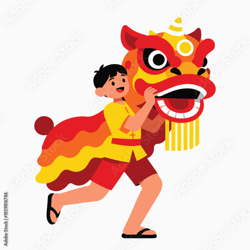 Cute Kid Performing Lion Dance Illustration