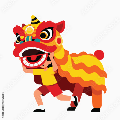 Cute Kid Performing Lion Dance Illustration