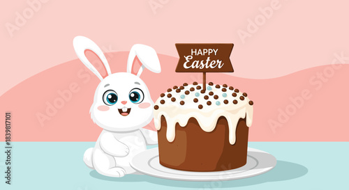 A cheerful white cartoon bunny smiles next to a delicious Easter cake, adorned with white icing, colorful sprinkles, and a 'Happy Easter' sign.