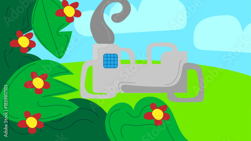 Factory in green nature landscape with smoke and flowers