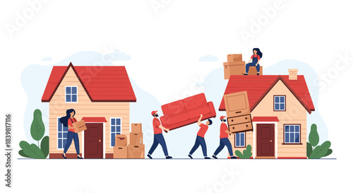 A team of professional movers and individuals carefully transport furniture and packed boxes during a house relocation.