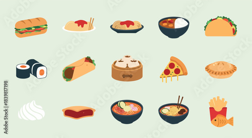 Variety of food icons collection on light background