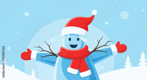 A cheerful, stylized ice snowman character in a red Santa hat, scarf, and mittens smiles happily in a serene snowy winter landscape with falling snowflakes.