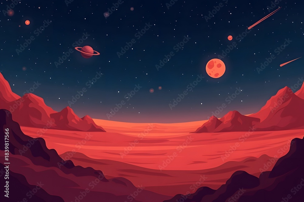 Fototapeta premium simple cozy Mars surface landscape. illustration of night alien planet red desert in cosmos