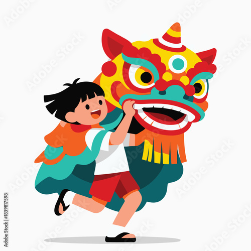 Cute Kid Performing Lion Dance Illustration