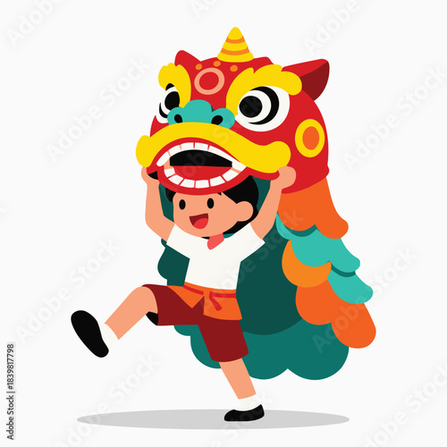 Cute Kid Performing Lion Dance Illustration