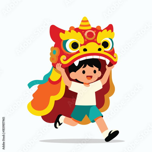 Cute Kid Performing Lion Dance Illustration