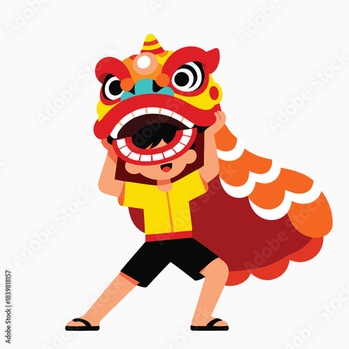 Cute Kid Performing Lion Dance Illustration