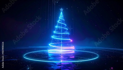 Abstract Illuminated Christmas Tree Against Dark Blue Background with Circular Light and Falling Sparkles