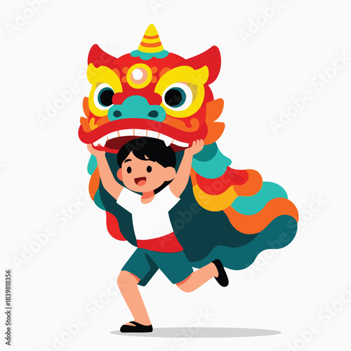 Cute Kid Performing Lion Dance Illustration