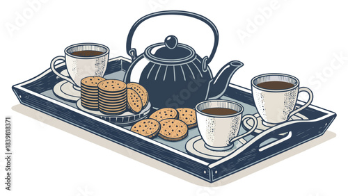 Simple Tea Tray Silhouette Vector Showcasing a Teapot, Multiple Cups, and Saucers, Perfect for Food & Drink Branding.