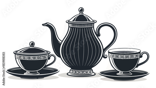 Minimalist Tea Set Silhouette Vector with Teapot, Teacup, and Saucer for Elegant Beverage Icons and Cafe Design.