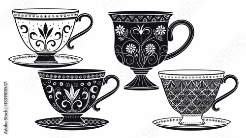 Elegant Tea Cup Collection Silhouette Vector - Assorted Drinkware Minimalist Icon Set for Cafes and Homes
