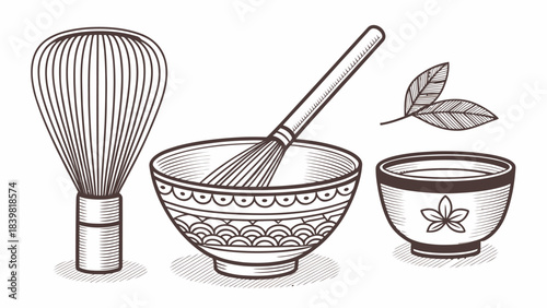 Traditional Tea Ceremony Set Silhouette Vector with Bamboo Whisk - Zen Asian Culture Minimalist Icon Design