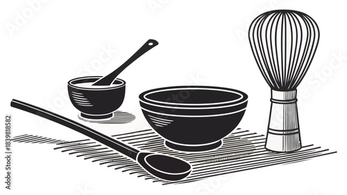 Traditional Tea Ceremony Set Silhouette Vector with Bamboo Whisk - Zen Asian Culture Minimalist Icon Design