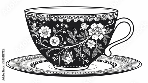 Elegant Decorative Teacup Silhouette Vector Icon with Floral Pattern Detail