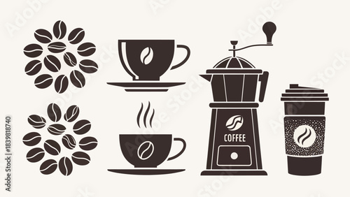 Modern Coffee Shop Icon Pack Silhouette Vector with Mug and Coffee Bean Symbols