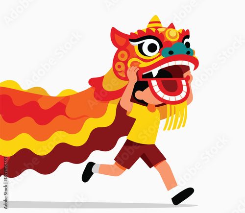 Cute Kid Performing Lion Dance Illustration