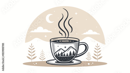 Simple Coffee Mug Silhouette Vector Icon with Rising Steam Lines, Hot Beverage Symbol