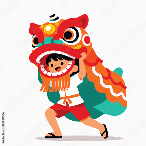 Cute Kid Performing Lion Dance Illustration