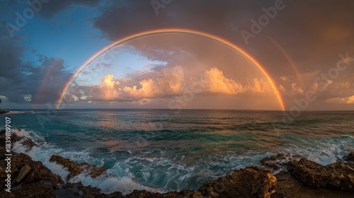 A stunning panoramic view of a rainbow arching over the ocean, framed by dramatic clouds and rocky shoreline, creating a serene and colorful landscape.