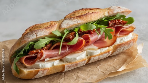 Delicious prosciutto and goat cheese baguette sandwich with fresh arugula and sun dried tomatoes served on parchment paper