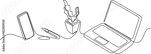 Continuous one-line drawing of a modern workspace setup