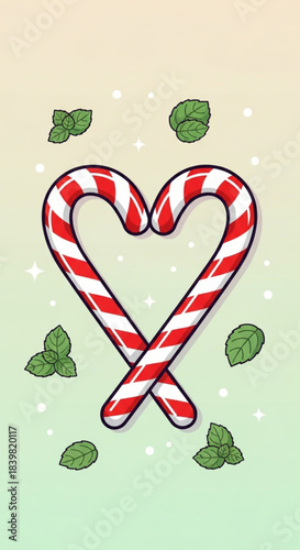 Candy Canes Arranged in Heart Shape with Mint Leaves.