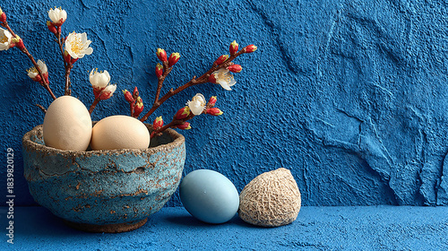 Decorative bowl with pastel eggs and spring flowers on a textured blue background