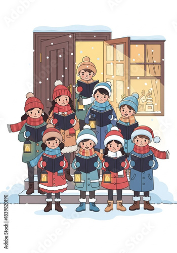 A Group of Carolers Singing in Front of a Doorway.