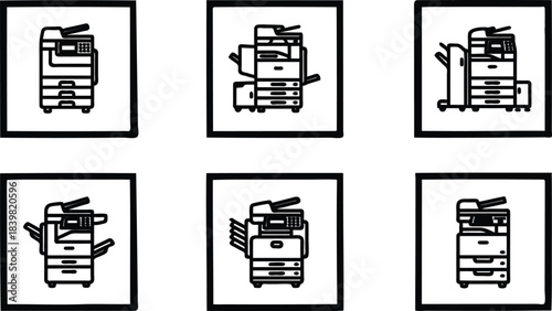 Set of Six Black and White Printer Icons Isolated on White