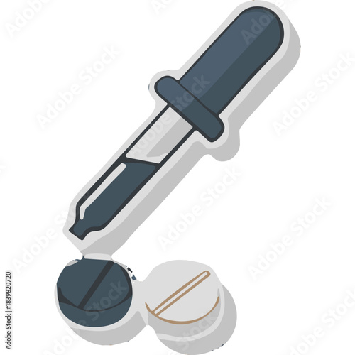 Medical dropper with liquid and two pills on a dark background symbolizing healthcare and treatment options with a clean and simple design