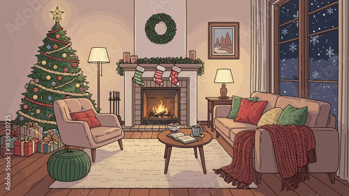 Cozy Christmas Room: a warm, inviting living room filled with festive decorations. a fully decorated Christmas tree, a cozy fireplace, and snow falling gently outside the window.