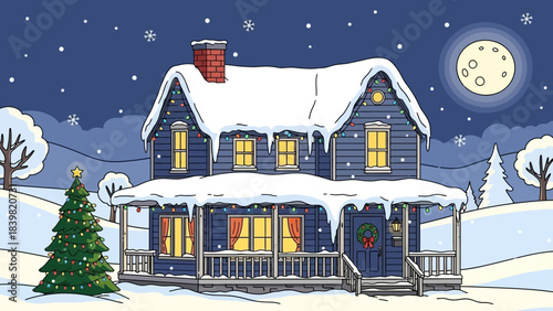 Winter Wonderland Home: A quaint house, draped in a blanket of snow, welcomes the winter season with warmth and charm. twinkling lights, a cheerful wreath, and a towering.