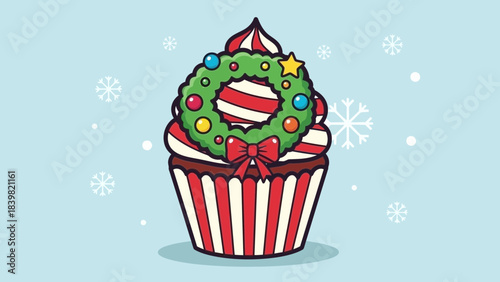 Festive Cupcake: A delightful, decorated cupcake adorned with a festive wreath and bow against a backdrop of falling snowflakes, exuding holiday cheer.