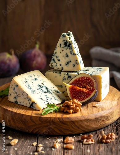 Sliced cheese with figs and walnuts on a wooden board