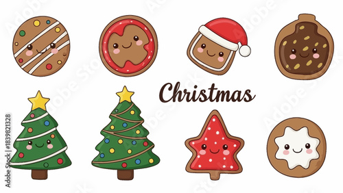 Festive Cookies and Tree Delights: Playful and delightful Christmas cookies and decorative tree illustrations for seasonal festivities, perfect for cheerful holiday themes.