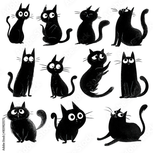 A charming collection of twelve stylized black cats.
