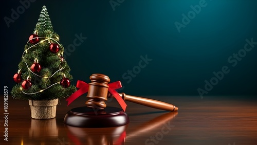 Christmas Wish for Lawyers – Judge Gavel Holiday Greeting with Festive Tree, with Copy Space, Generative AI