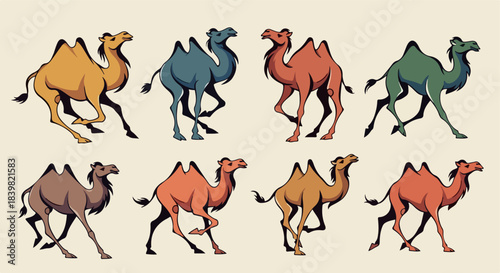 Colorful camels walking in various hues