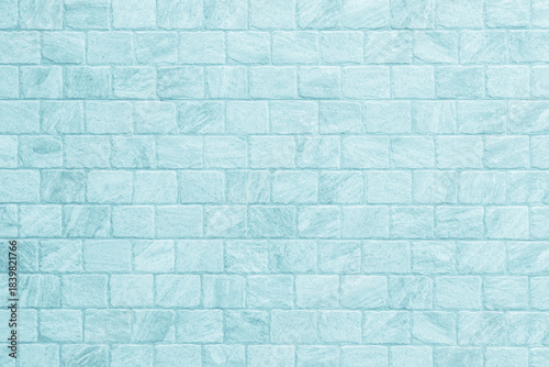 Blue brick concrete stone texture for background in wallpaper. Brick wall and sand stone in plaster of tone vintage. Pattern abstract wall of light cyan color, cement texture mint green for design.