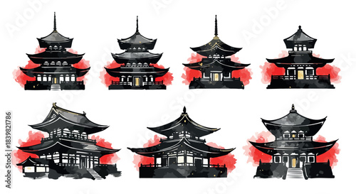 Japanese temple structures with red watercolor accents