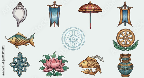 Buddhist symbols collection with transparent background