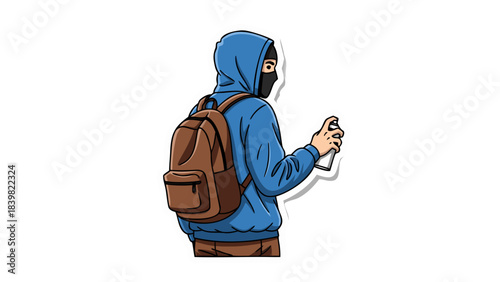 Person Wearing Blue Hooded Sweatshirt and Backpack Holding Spray Can Outdoors Artistic Expression